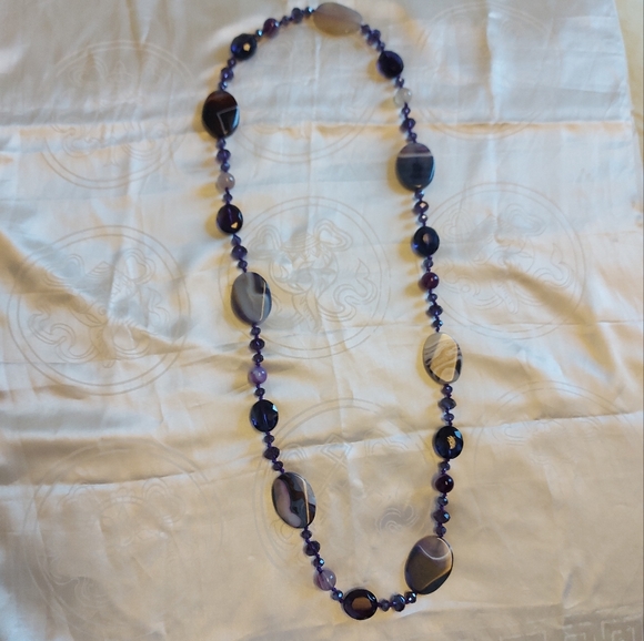 Vintage Amethyst Agate Crystal Purple Lavender Long Necklace 20s to 60s - Picture 1 of 9